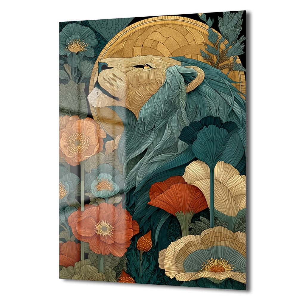 Görkemli Aslan: Art Nouveau Botanik Desenli Dekoratif Cam Tablo Duvar Dekoru Görkemli Aslan: Art Nouveau Botanik Desenli Dekoratif Cam Tablo