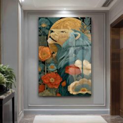 Görkemli Aslan: Art Nouveau Botanik Desenli Dekoratif Cam Tablo Duvar Dekoru Görkemli Aslan: Art Nouveau Botanik Desenli Dekoratif Cam Tablo