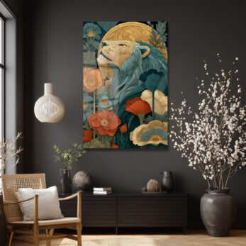 Görkemli Aslan: Art Nouveau Botanik Desenli Dekoratif Cam Tablo - Glazella Görkemli Aslan: Art Nouveau Botanik Desenli Dekoratif Cam Tablo - Glazella