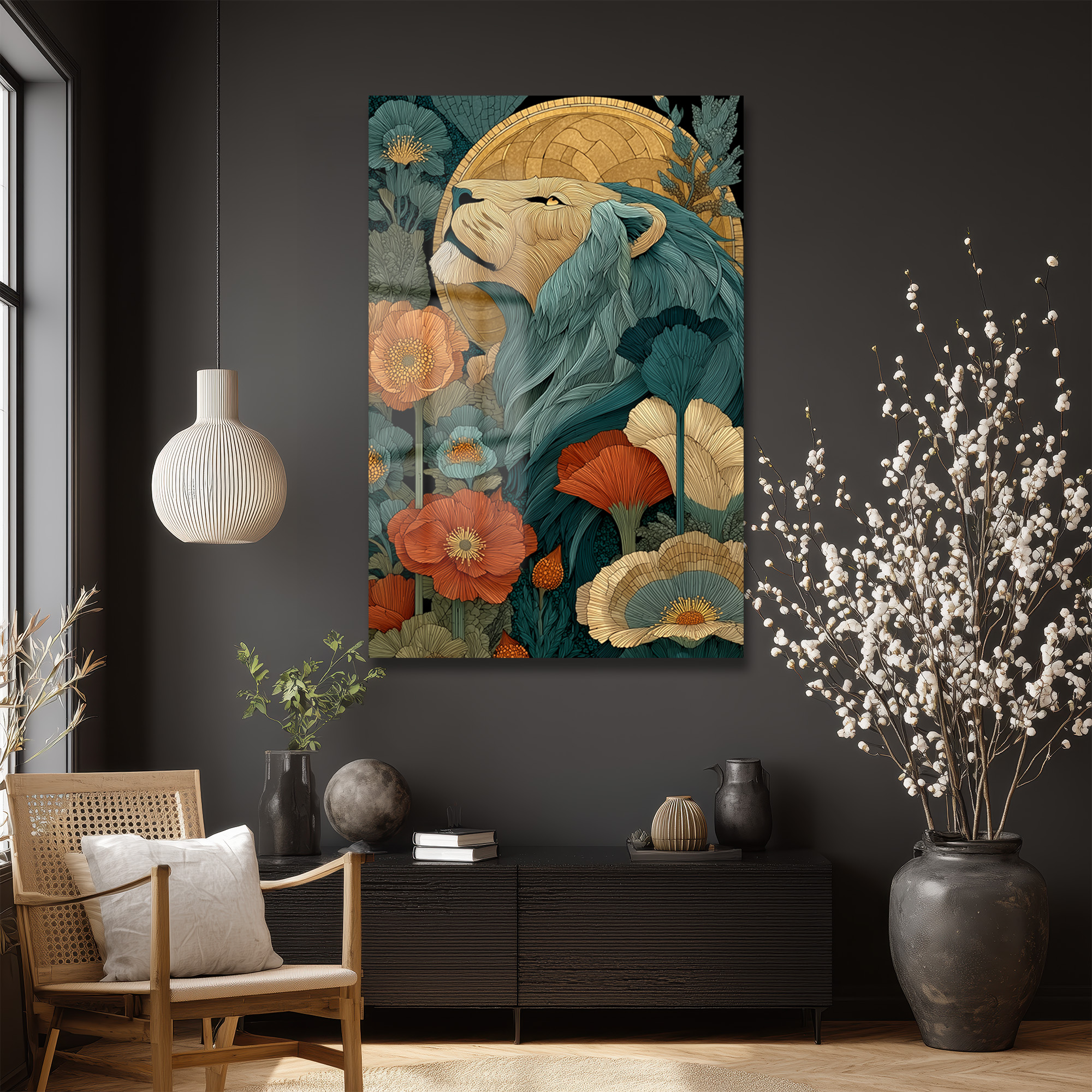 Görkemli Aslan: Art Nouveau Botanik Desenli Dekoratif Cam Tablo Duvar Dekoru Görkemli Aslan: Art Nouveau Botanik Desenli Dekoratif Cam Tablo
