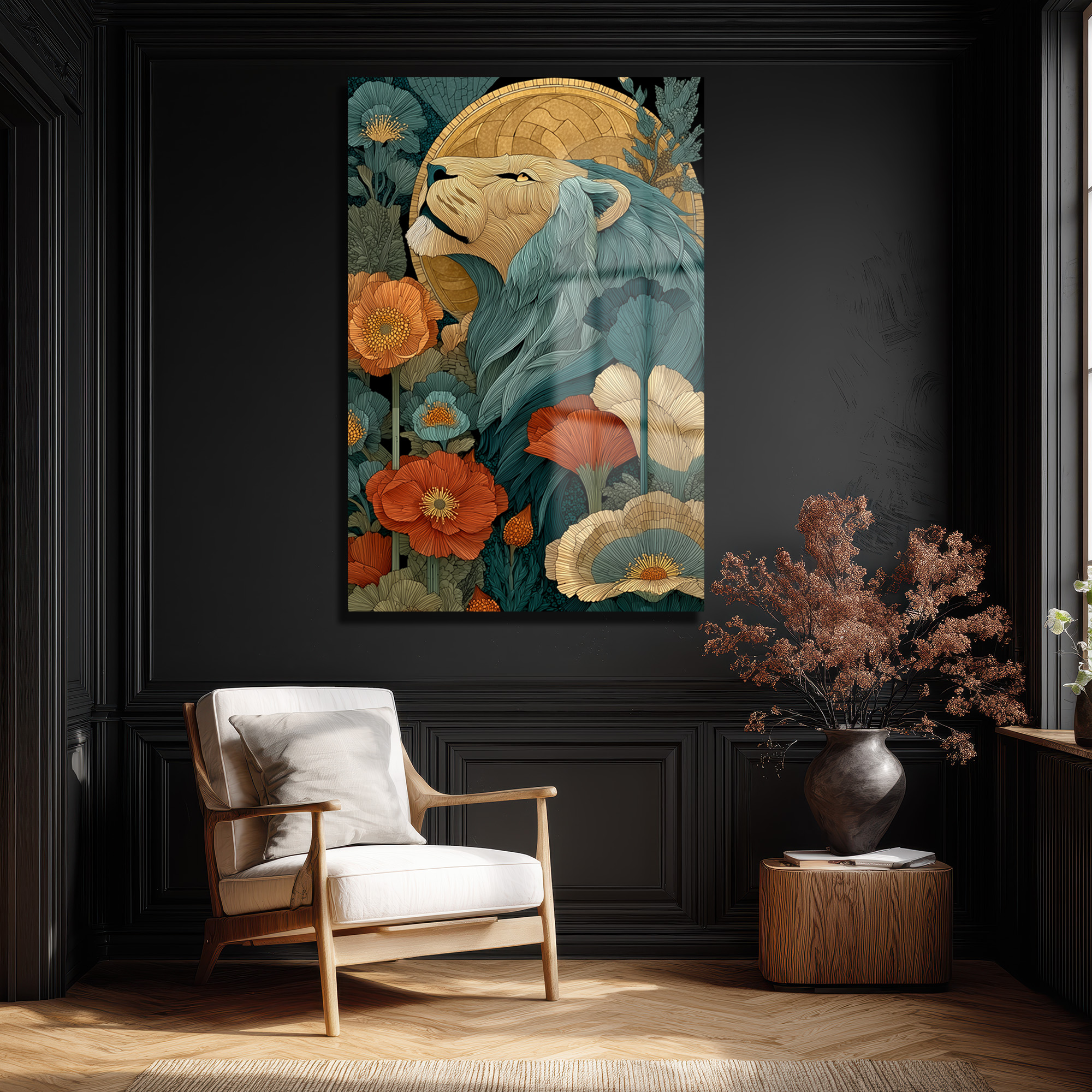 Görkemli Aslan: Art Nouveau Botanik Desenli Dekoratif Cam Tablo Duvar Dekoru Görkemli Aslan: Art Nouveau Botanik Desenli Dekoratif Cam Tablo
