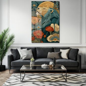 Görkemli Aslan: Art Nouveau Botanik Desenli Dekoratif Cam Tablo - Glazella Görkemli Aslan: Art Nouveau Botanik Desenli Dekoratif Cam Tablo - Glazella