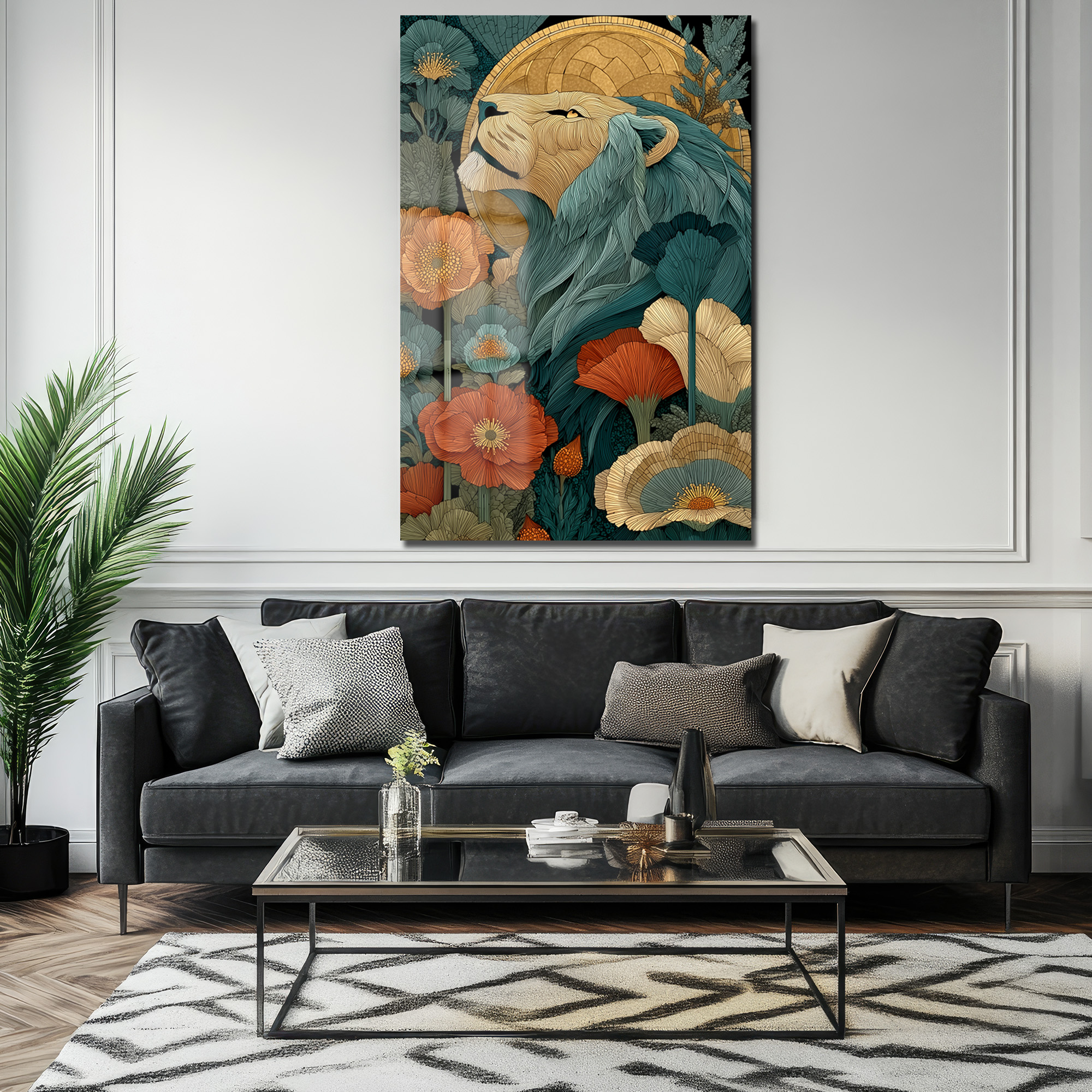Görkemli Aslan: Art Nouveau Botanik Desenli Dekoratif Cam Tablo Duvar Dekoru Görkemli Aslan: Art Nouveau Botanik Desenli Dekoratif Cam Tablo