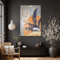 Modern Elegans: Altın Işıltılı Tüyler Dekoratif Cam Tablo Duvar Dekoru Modern Elegans: Altın Işıltılı Tüyler Dekoratif Cam Tablo