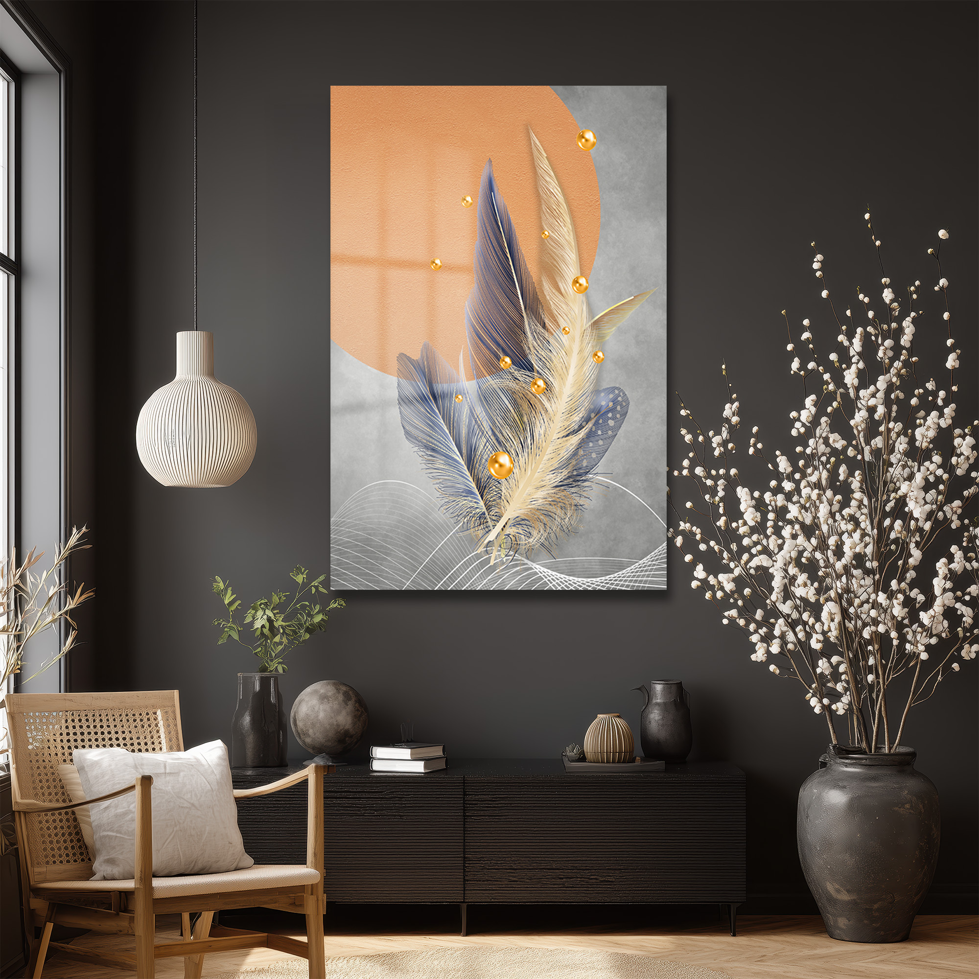 Zen Tüyleri: Altın Dokunuşlu Modern Soyut Cam Tablo Duvar Dekoru Zen Tüyleri: Altın Dokunuşlu Modern Soyut Cam Tablo