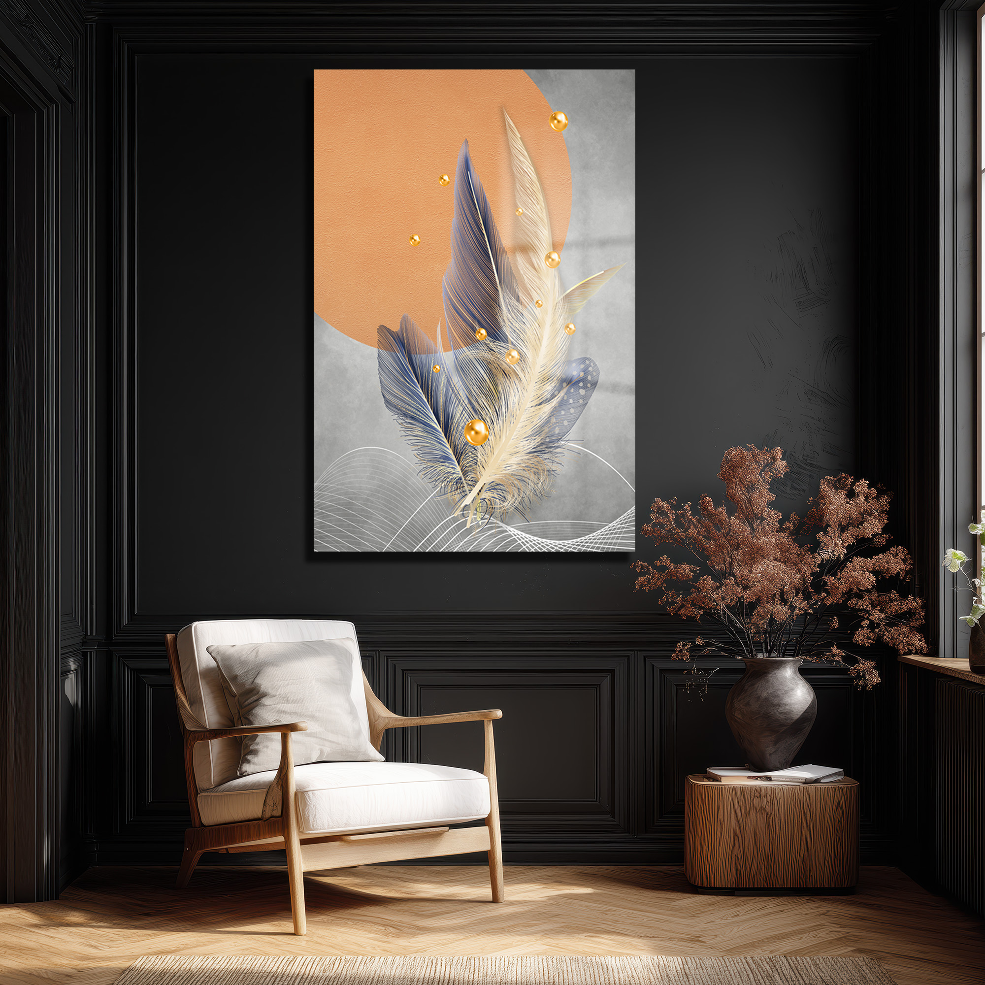 Zen Tüyleri: Altın Dokunuşlu Modern Soyut Cam Tablo Duvar Dekoru Zen Tüyleri: Altın Dokunuşlu Modern Soyut Cam Tablo