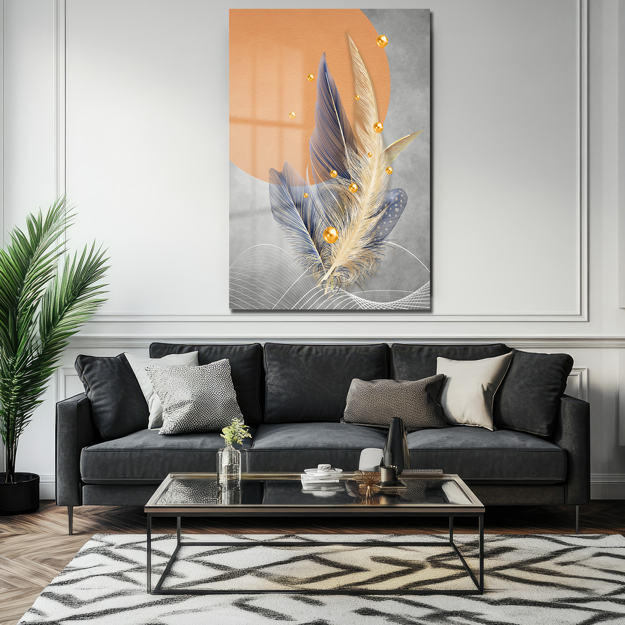 Zen Tüyleri: Altın Dokunuşlu Modern Soyut Cam Tablo Duvar Dekoru Zen Tüyleri: Altın Dokunuşlu Modern Soyut Cam Tablo