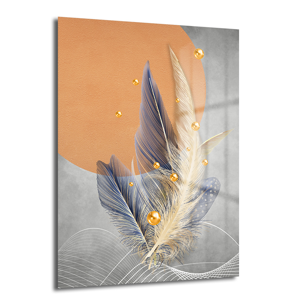 Zen Tüyleri: Altın Dokunuşlu Modern Soyut Cam Tablo Duvar Dekoru Gri zeminde turuncu daire, mavi ve bej tonlarında uçuşan tüyler ve altın kürelerle süslü modern soyut temperli cam tablo, salon dekorasyonu için ideal.