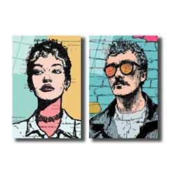 Duo Portre Pop Art Cam Tablo: Modern Ruhların Buluşması Duvar Dekoru Duo Portre Pop Art Cam Tablo: Modern Ruhların Buluşması