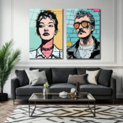 Duo Portre Pop Art Cam Tablo: Modern Ruhların Buluşması Duvar Dekoru Duo Portre Pop Art Cam Tablo: Modern Ruhların Buluşması