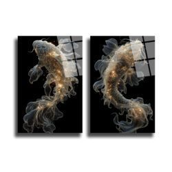 Ethereal Koi Balıkları Cam Tablo | Işıltılı Modern Duvar Sanatı - Glazella