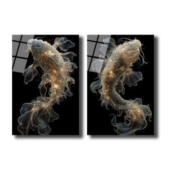 Ethereal Koi Balıkları Cam Tablo | Işıltılı Modern Duvar Sanatı - Glazella