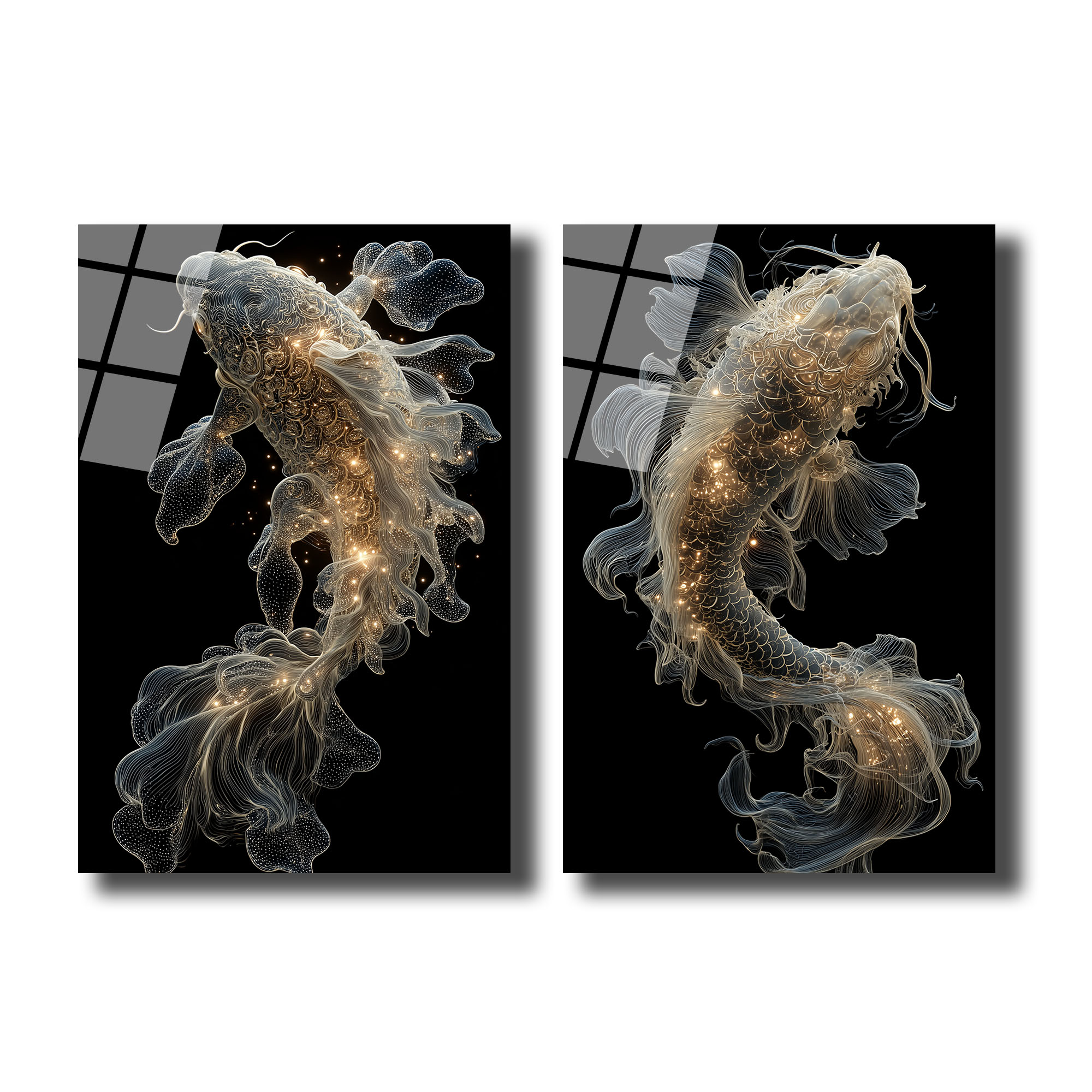 Ethereal Koi Balıkları Cam Tablo | Işıltılı Modern Duvar Sanatı Duvar Dekoru Ethereal Koi Balıkları Cam Tablo | Işıltılı Modern Duvar Sanatı
