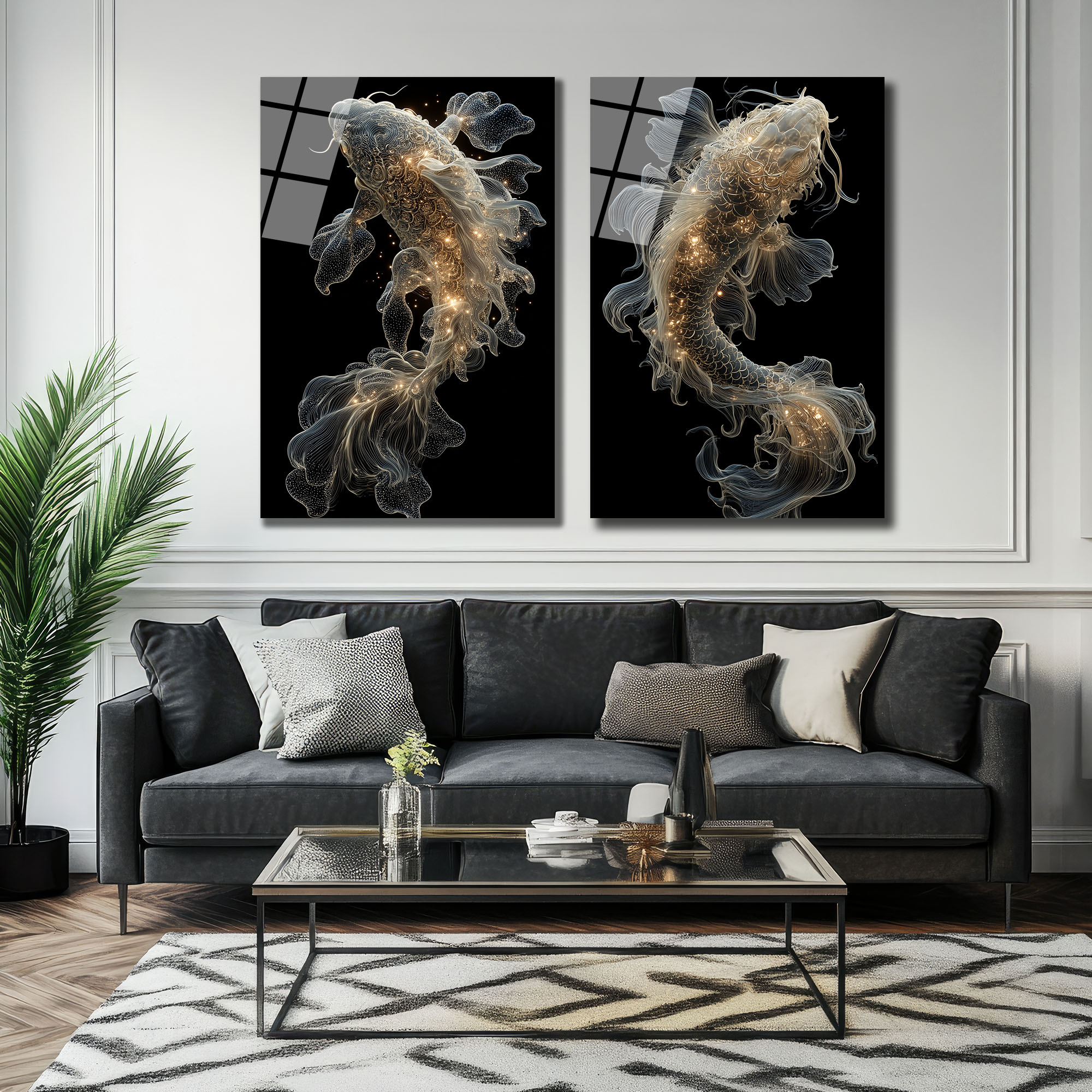 Ethereal Koi Balıkları Cam Tablo | Işıltılı Modern Duvar Sanatı Duvar Dekoru Ethereal Koi Balıkları Cam Tablo | Işıltılı Modern Duvar Sanatı
