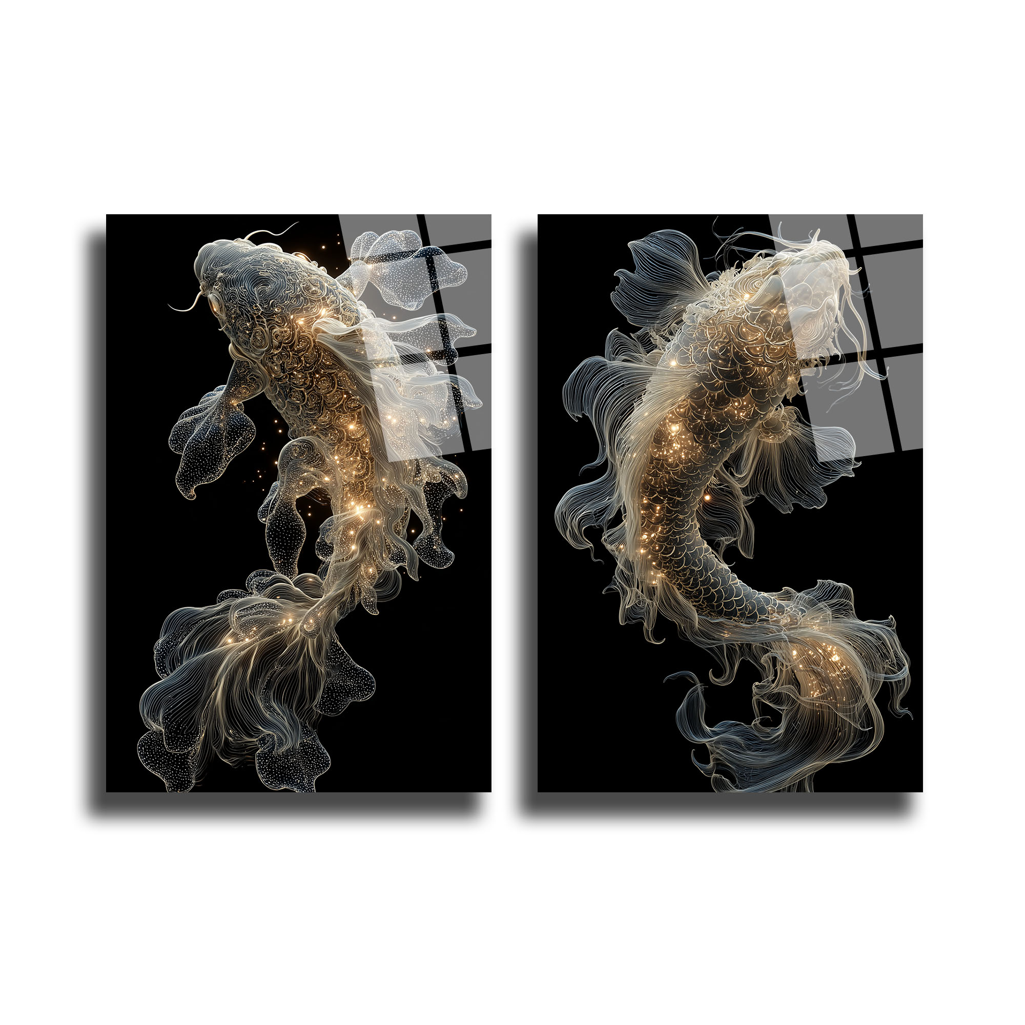Ethereal Koi Balıkları Cam Tablo | Işıltılı Modern Duvar Sanatı Duvar Dekoru Siyah bir arka plan üzerinde, altın rengi ışıltılı çizgiler ve noktacıklardan oluşan, stilize edilmiş iki adet Koi balığı figürünün yer aldığı, yansımalı cam tablo ikilisi. Balıklar yukarı doğru yüzüyor gibi görünüyor ve etraflarında hafif bir parıltı yayılıyor.