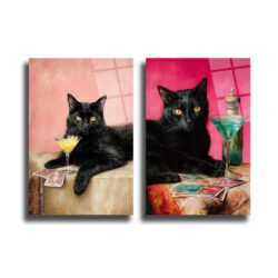Gizemli Kara Kedi ve Sarı Kokteyl Cam Tablo - Glazella