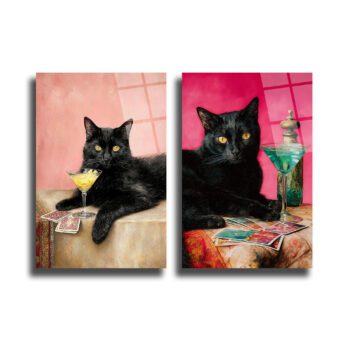 Gizemli Kara Kedi ve Sarı Kokteyl Cam Tablo - Glazella