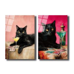 Gizemli Kara Kedi ve Sarı Kokteyl Cam Tablo Duvar Dekoru Gizemli Kara Kedi ve Sarı Kokteyl Cam Tablo