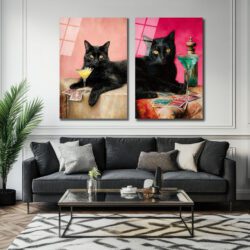 Gizemli Kara Kedi ve Sarı Kokteyl Cam Tablo Duvar Dekoru Gizemli Kara Kedi ve Sarı Kokteyl Cam Tablo