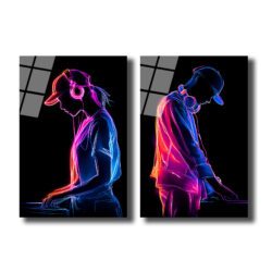 Müzik ve Işık Dansı: Neon DJ Cam Tablo Seti Duvar Dekoru Müzik ve Işık Dansı: Neon DJ Cam Tablo Seti