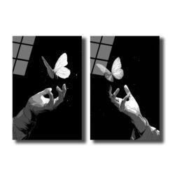 Kelebek ve El Minimalist Siyah Beyaz İkili Cam Tablo Seti - Glazella Kelebek ve El Minimalist Siyah Beyaz İkili Cam Tablo Seti - Glazella