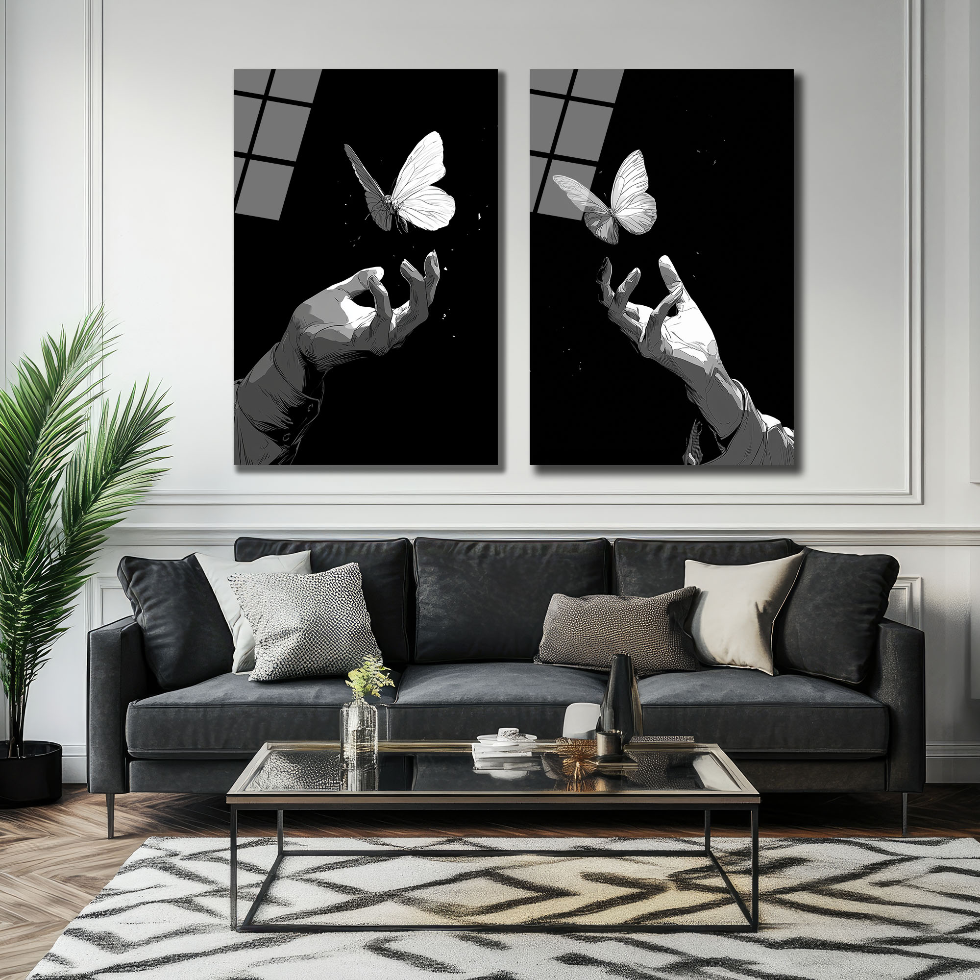 Kelebek ve El Minimalist Siyah Beyaz İkili Cam Tablo Seti Duvar Dekoru Kelebek ve El Minimalist Siyah Beyaz İkili Cam Tablo Seti