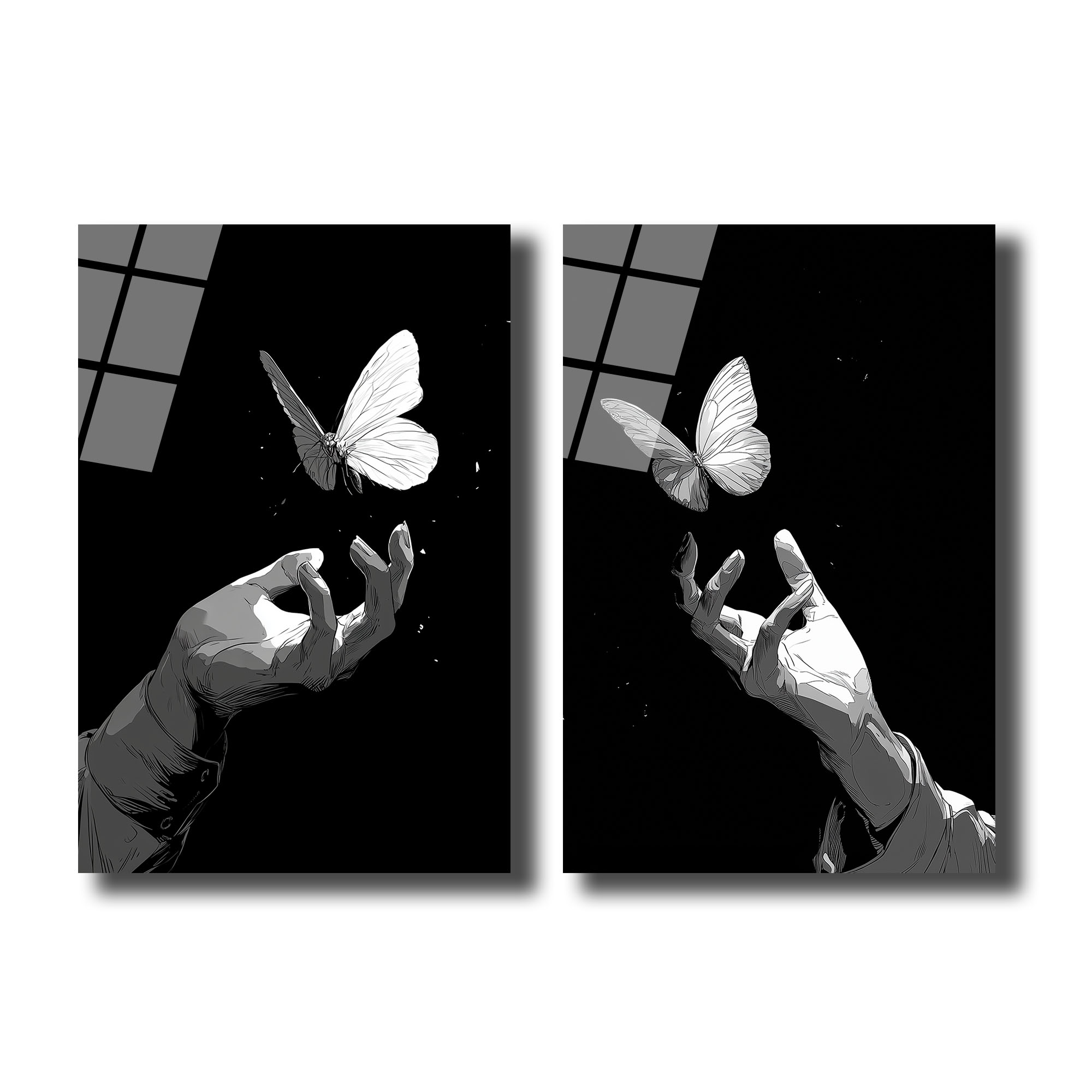 Kelebek ve El Minimalist Siyah Beyaz İkili Cam Tablo Seti Duvar Dekoru Siyah bir zeminde, iki ayrı cam tablo panelinde birbirine uzanan eller ve üzerlerinde uçuşan beyaz kelebekler. Minimalist ve yüksek kontrastlı bir görsel.