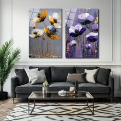 Modern Gri Altın Çiçek Sanatı Cam Tablo Duvar Dekoru Modern Gri Altın Çiçek Sanatı Cam Tablo