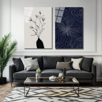 Minimalist Çiçek ve Soyut Desen Sanat Cam Tablo Seti - Glazella