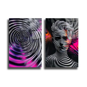 Anasayfa Duvar Dekoru Siyah beyaz çizgili soyut bir yüz ve mor pembe girdap desenli iki parçalı modern cam tablo seti