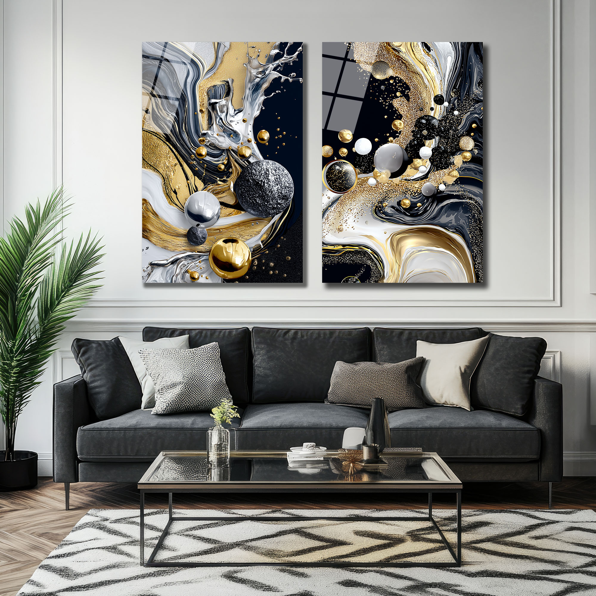 Opulent Altın Siyah Beyaz Mermer Efektli Modern Cam Tablo Seti Duvar Dekoru Opulent Altın Siyah Beyaz Mermer Efektli Modern Cam Tablo Seti