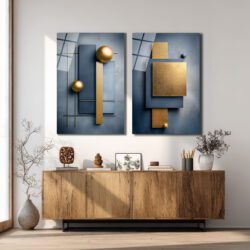 Modern Mavi ve Altın Geometrik Soyut Cam Tablo İkili Set Duvar Dekoru Modern Mavi ve Altın Geometrik Soyut Cam Tablo İkili Set