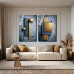Modern Mavi ve Altın Geometrik Soyut Cam Tablo İkili Set Duvar Dekoru Modern Mavi ve Altın Geometrik Soyut Cam Tablo İkili Set