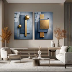 Modern Mavi ve Altın Geometrik Soyut Cam Tablo İkili Set Duvar Dekoru Modern Mavi ve Altın Geometrik Soyut Cam Tablo İkili Set