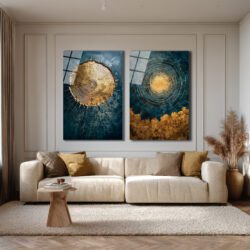 Lüks Altın Halkalı Petrol Mavi Soyut Cam Tablo Seti Duvar Dekoru Lüks Altın Halkalı Petrol Mavi Soyut Cam Tablo Seti