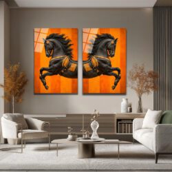 Asil Siyah At ve Altın Detaylar Çift Cam Tablo Duvar Dekoru Asil Siyah At ve Altın Detaylar Çift Cam Tablo