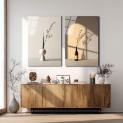 Minimalist Çiçekler İkili Modern Cam Tablo Seti Duvar Dekoru Minimalist Çiçekler İkili Modern Cam Tablo Seti