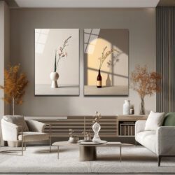 Minimalist Çiçekler İkili Modern Cam Tablo Seti Duvar Dekoru Minimalist Çiçekler İkili Modern Cam Tablo Seti
