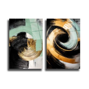 Siyah, altın rengi ve mint yeşili fırça darbelerinin spiral desenler oluşturduğu, modern ve şık, ikili cam tablo seti. Her bir parça, dinamik bir akışkanlık ve soyut bir enerji sergiliyor.