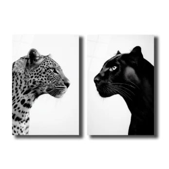 Vahşi İkili: Leopar ve Kara Panter Modern Cam Tablo Seti - Glazella