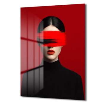Kırmızı Fırça Darbesi Gözlü Kadın Cam Tablo | Modern Sanat Duvar Dekoru - Glazella