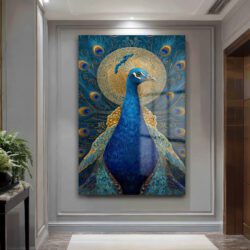 Görkemli Tavus Kuşu Altın Detaylı Sanat Cam Tablo Duvar Dekoru Görkemli Tavus Kuşu Altın Detaylı Sanat Cam Tablo