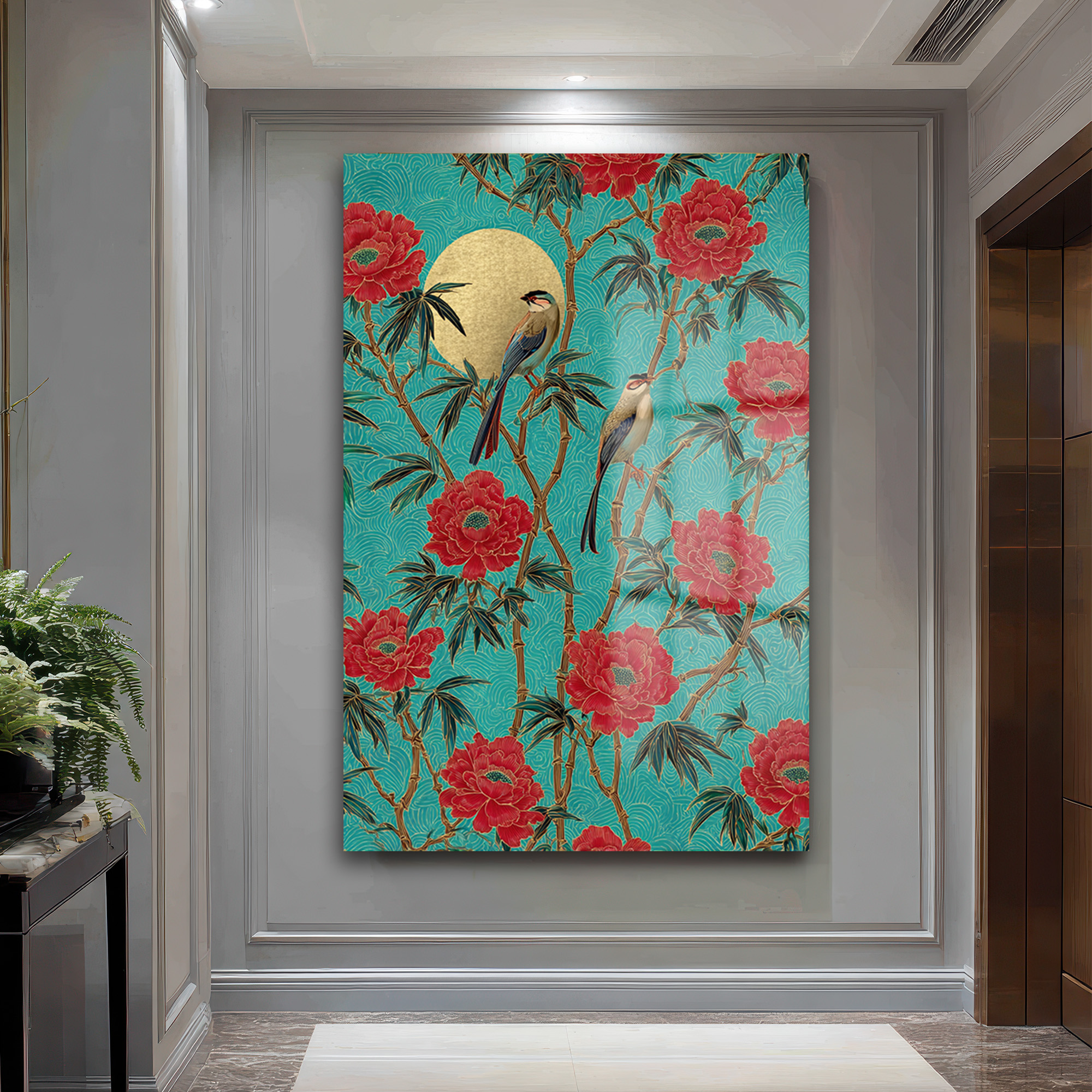 Altın Güneşli Peony ve Kuşlar Cam Tablo Uzakdoğu Esintisi Duvar Dekoru Altın Güneşli Peony ve Kuşlar Cam Tablo Uzakdoğu Esintisi