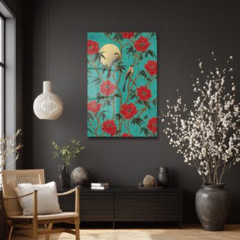 Altın Güneşli Peony ve Kuşlar Cam Tablo Uzakdoğu Esintisi - Glazella Altın Güneşli Peony ve Kuşlar Cam Tablo Uzakdoğu Esintisi - Glazella