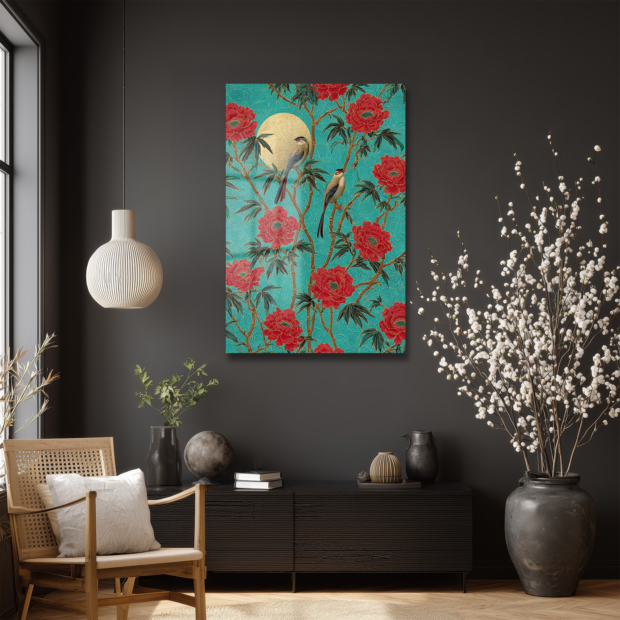 Altın Güneşli Peony ve Kuşlar Cam Tablo Uzakdoğu Esintisi Duvar Dekoru Altın Güneşli Peony ve Kuşlar Cam Tablo Uzakdoğu Esintisi