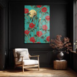 Altın Güneşli Peony ve Kuşlar Cam Tablo Uzakdoğu Esintisi Duvar Dekoru Altın Güneşli Peony ve Kuşlar Cam Tablo Uzakdoğu Esintisi