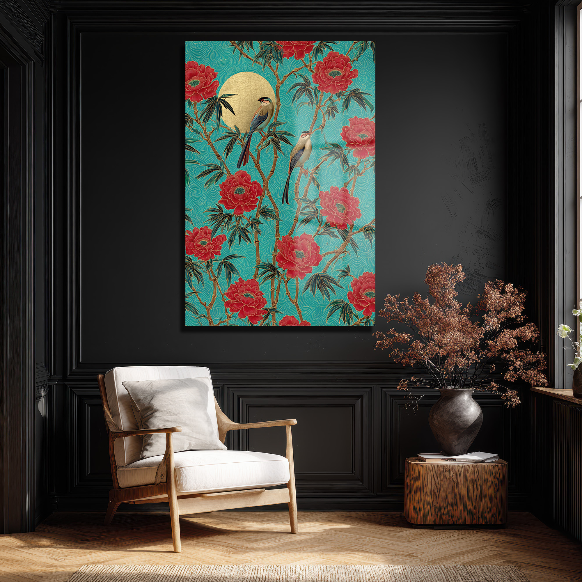 Altın Güneşli Peony ve Kuşlar Cam Tablo Uzakdoğu Esintisi Duvar Dekoru Altın Güneşli Peony ve Kuşlar Cam Tablo Uzakdoğu Esintisi