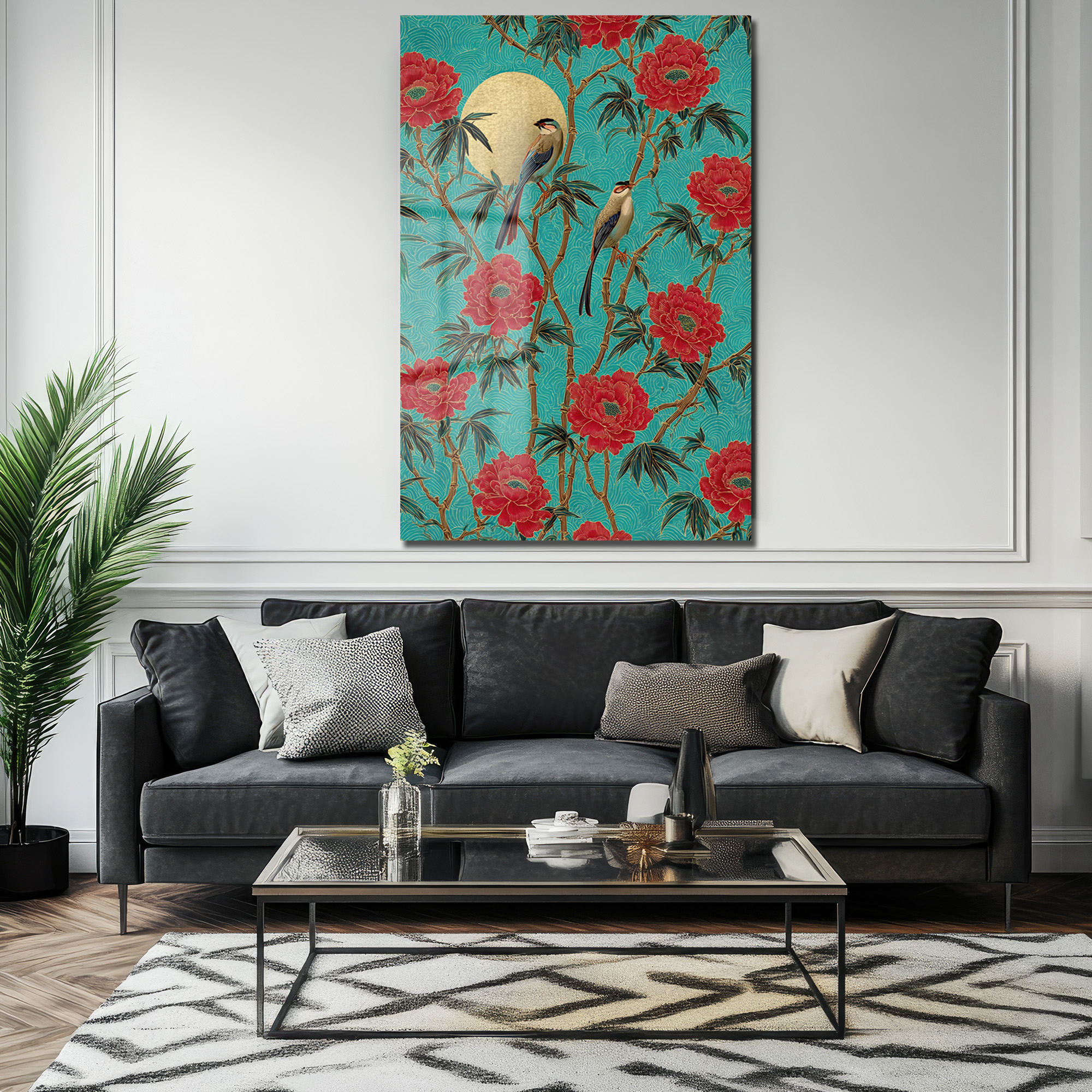 Altın Güneşli Peony ve Kuşlar Cam Tablo Uzakdoğu Esintisi Duvar Dekoru Altın Güneşli Peony ve Kuşlar Cam Tablo Uzakdoğu Esintisi