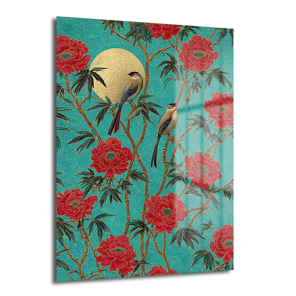 Altın Güneşli Peony ve Kuşlar Cam Tablo Uzakdoğu Esintisi Duvar Dekoru Teal arka planda altın rengi güneşin önünde, bambu dalları üzerinde iki kuş ve kırmızı şakayık çiçeklerinin yer aldığı, Uzakdoğu esintili cam tablo.