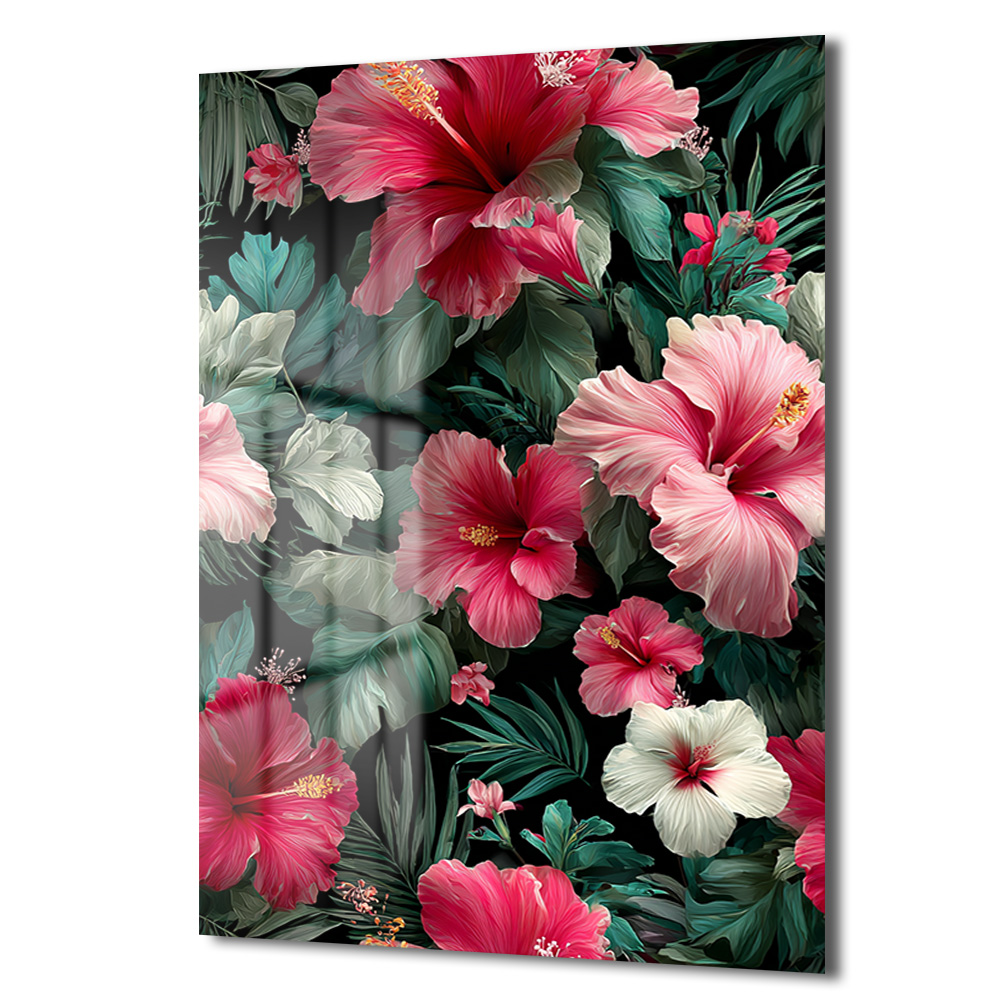 Tropik Hibiskus Çiçekleri Cam Tablo - Canlı Renklerle Duvar Sanatı Duvar Dekoru Tropik Hibiskus Çiçekleri Cam Tablo - Canlı Renklerle Duvar Sanatı